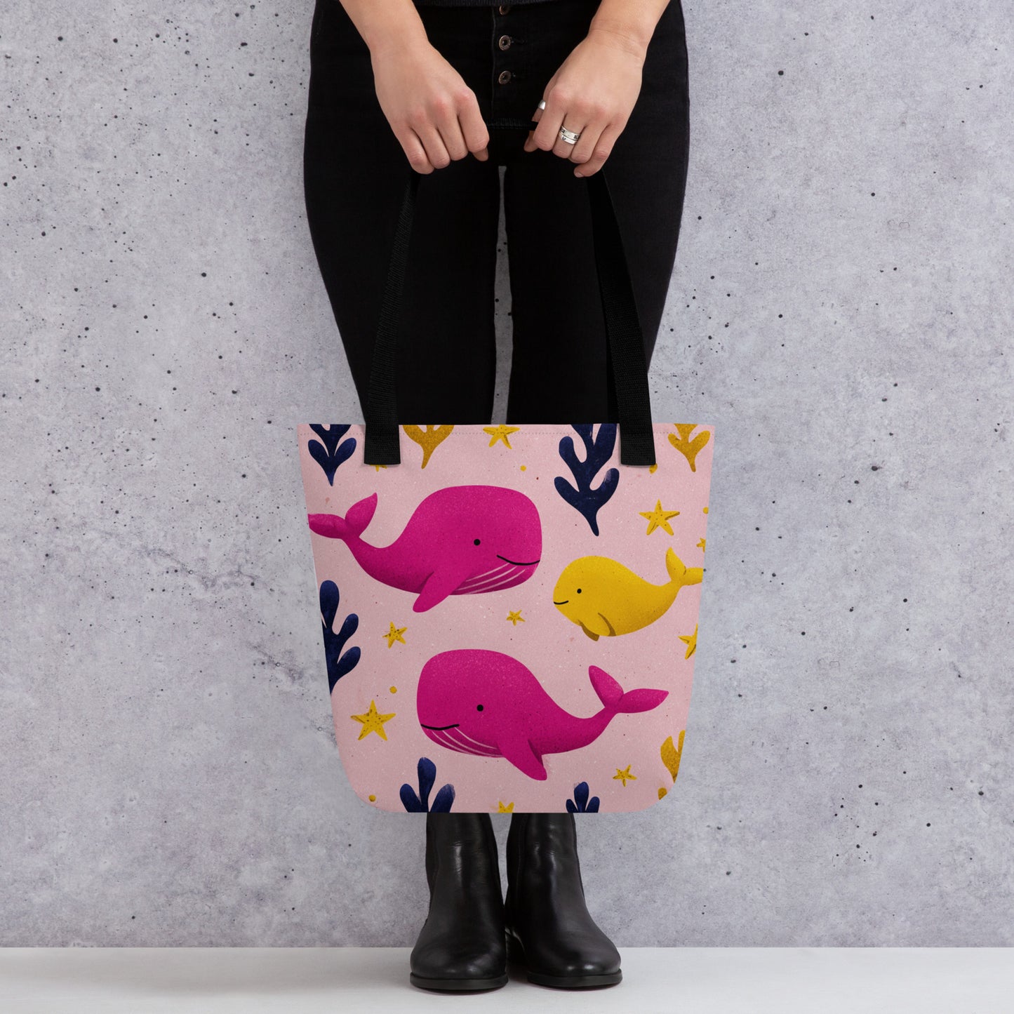 Tote Bag Shopping "BALEINES ROSES ET DAUPHIN JAUNE" - French Bazar - 3131187_4533