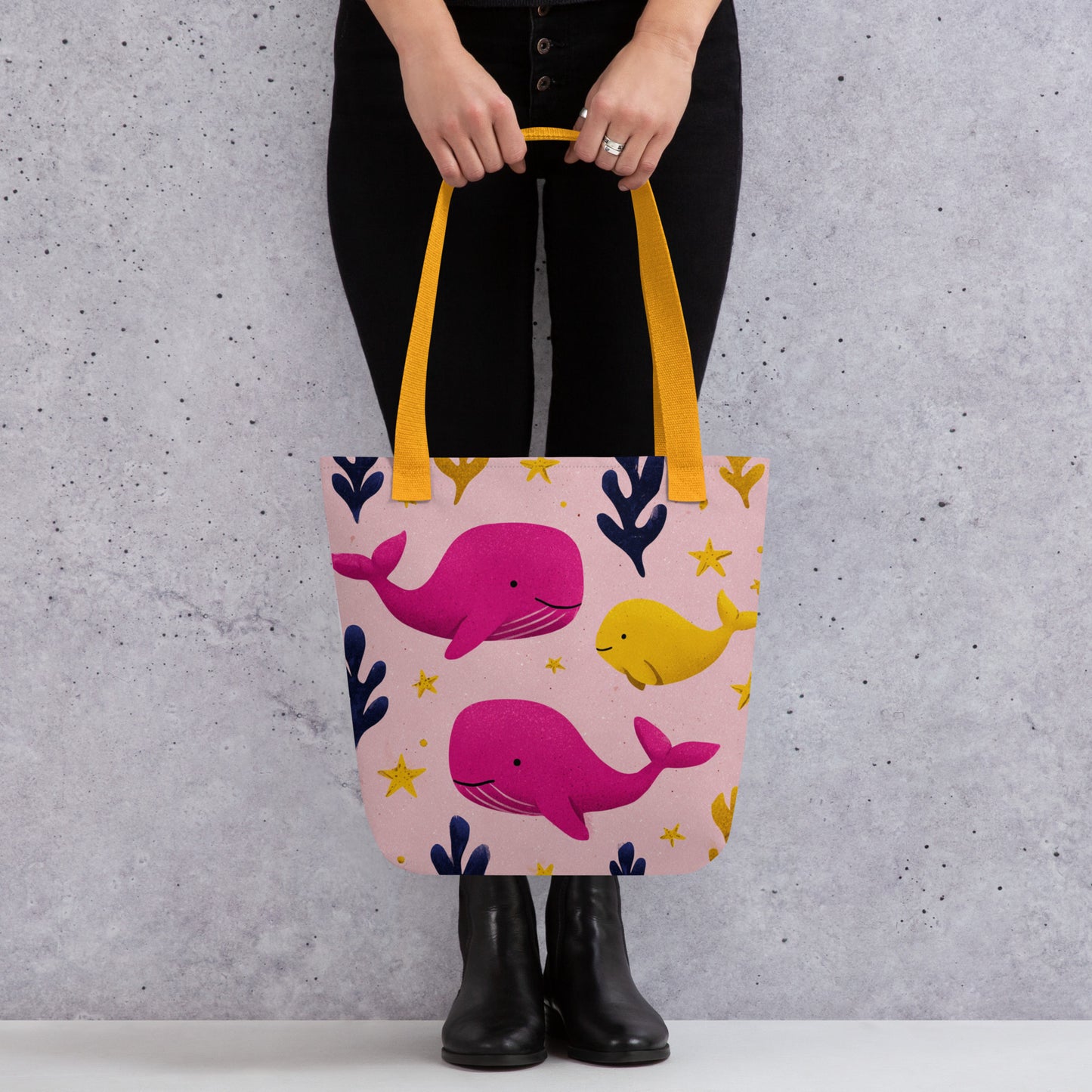 Tote Bag Shopping "BALEINES ROSES ET DAUPHIN JAUNE" - French Bazar - 3131187_4533