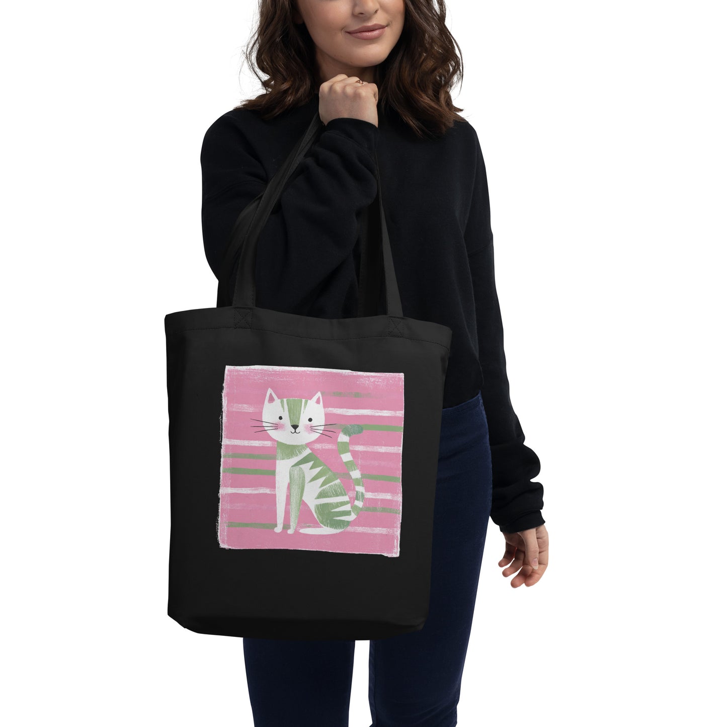 Tote Bag Bio "LE CHAT VERT" - Beige et Noir