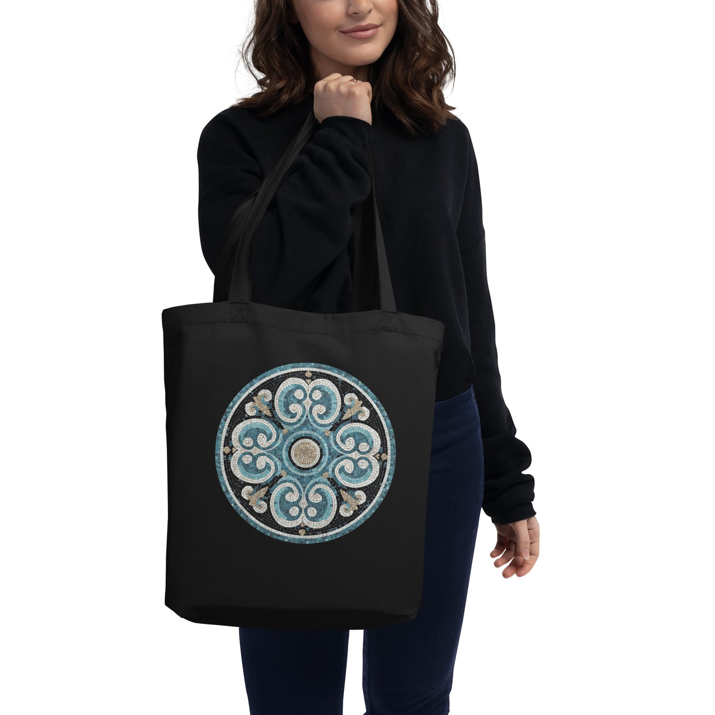 Tote Bag Bio "MOSAÏQUE FLORALE" - Noir et Beige