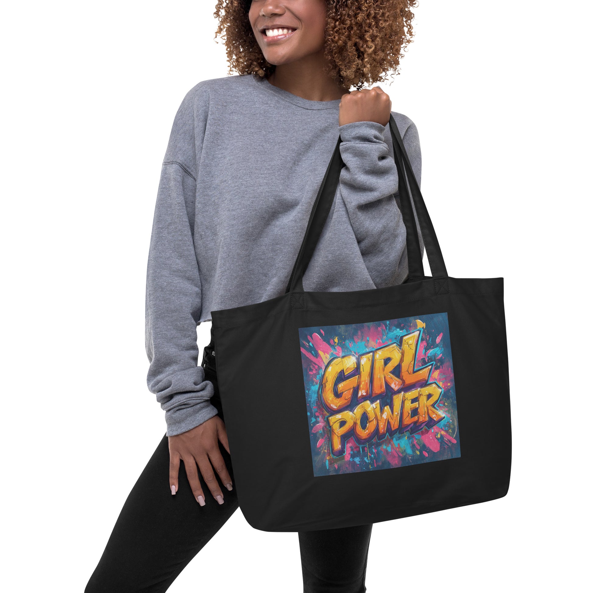 Grand Tote Bag Bio "GIRL POWER GRAFFITI" - Noir - French Bazar - 4830767_10732