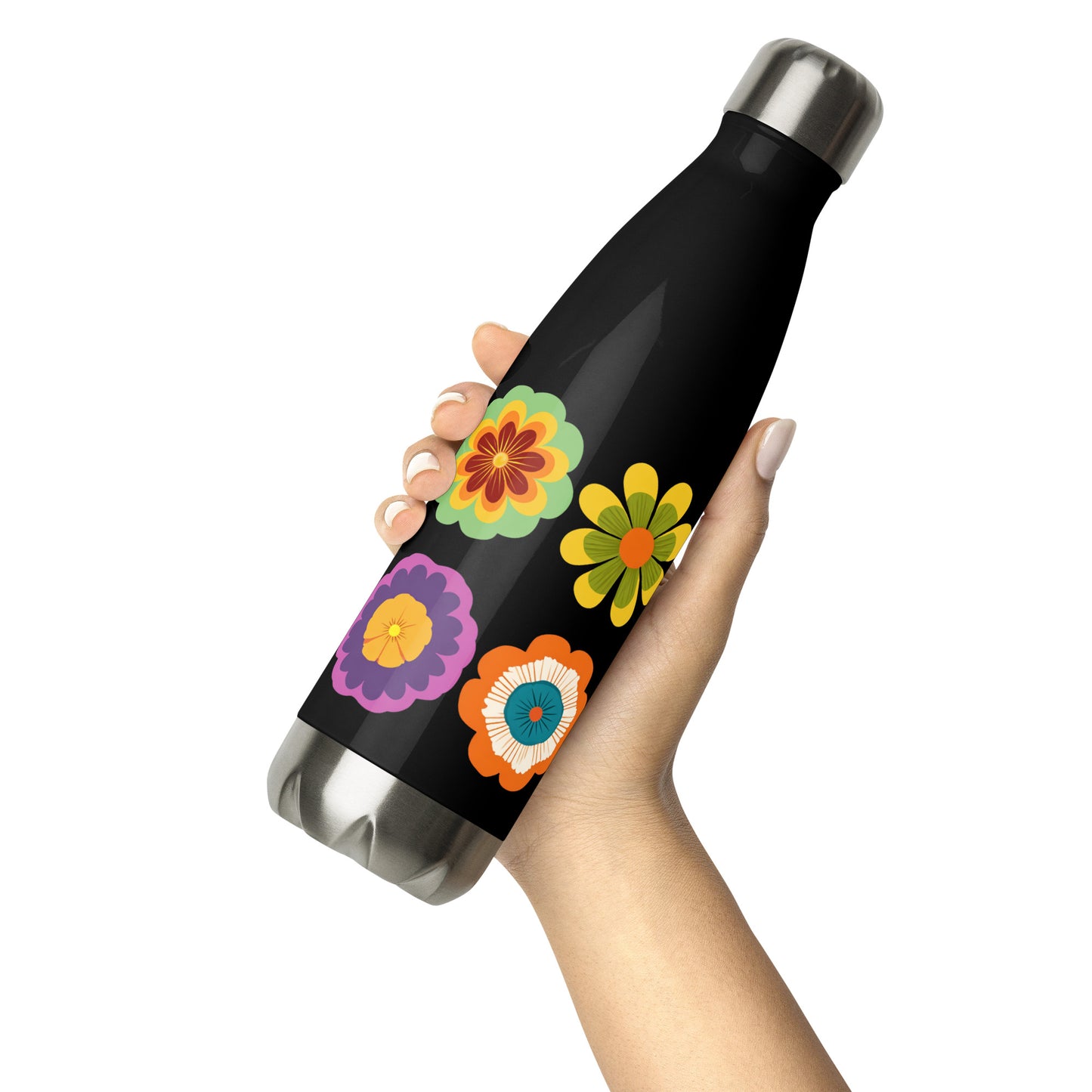 Bouteille isotherme "HIPPY FLOWERS" - 500ml - Noir ou Blanc