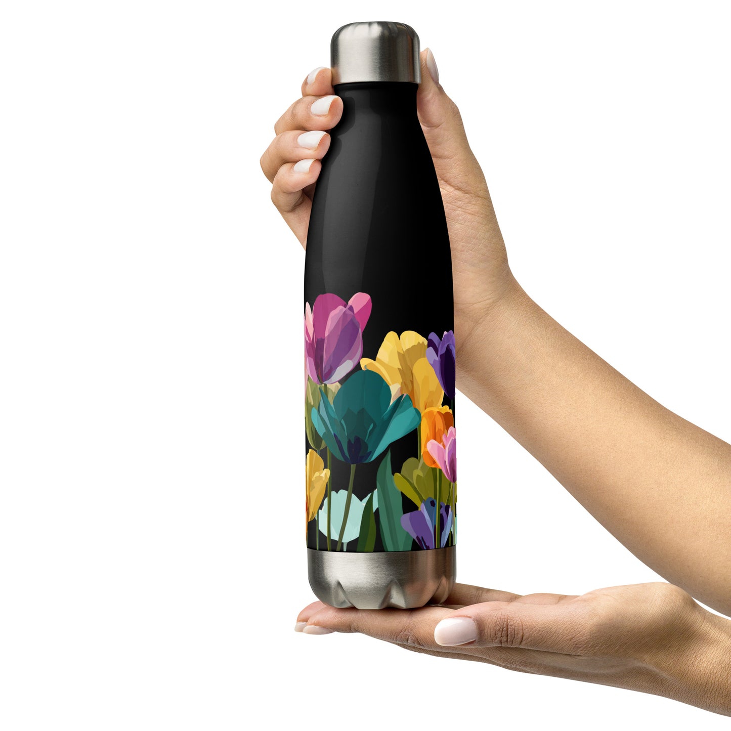 Bouteille isotherme "SPRING TULIPS" - 500ml - Noir ou Blanc